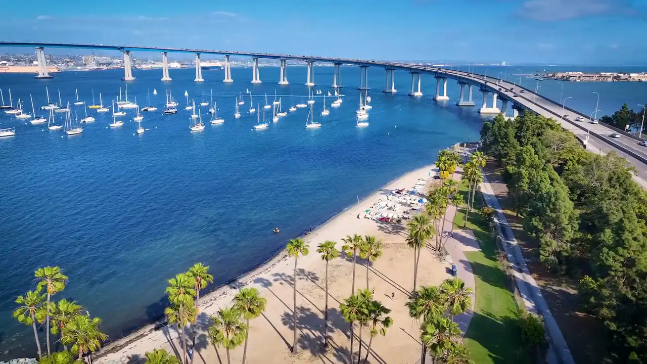Aerial view of Coronado, San Diego Bay, and the bridge